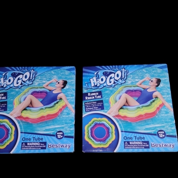 (2) Bestway H2O GO Rainbow Colors Ribbons Inflatable Pool And Beach Round Tube - Picture 3 of 4